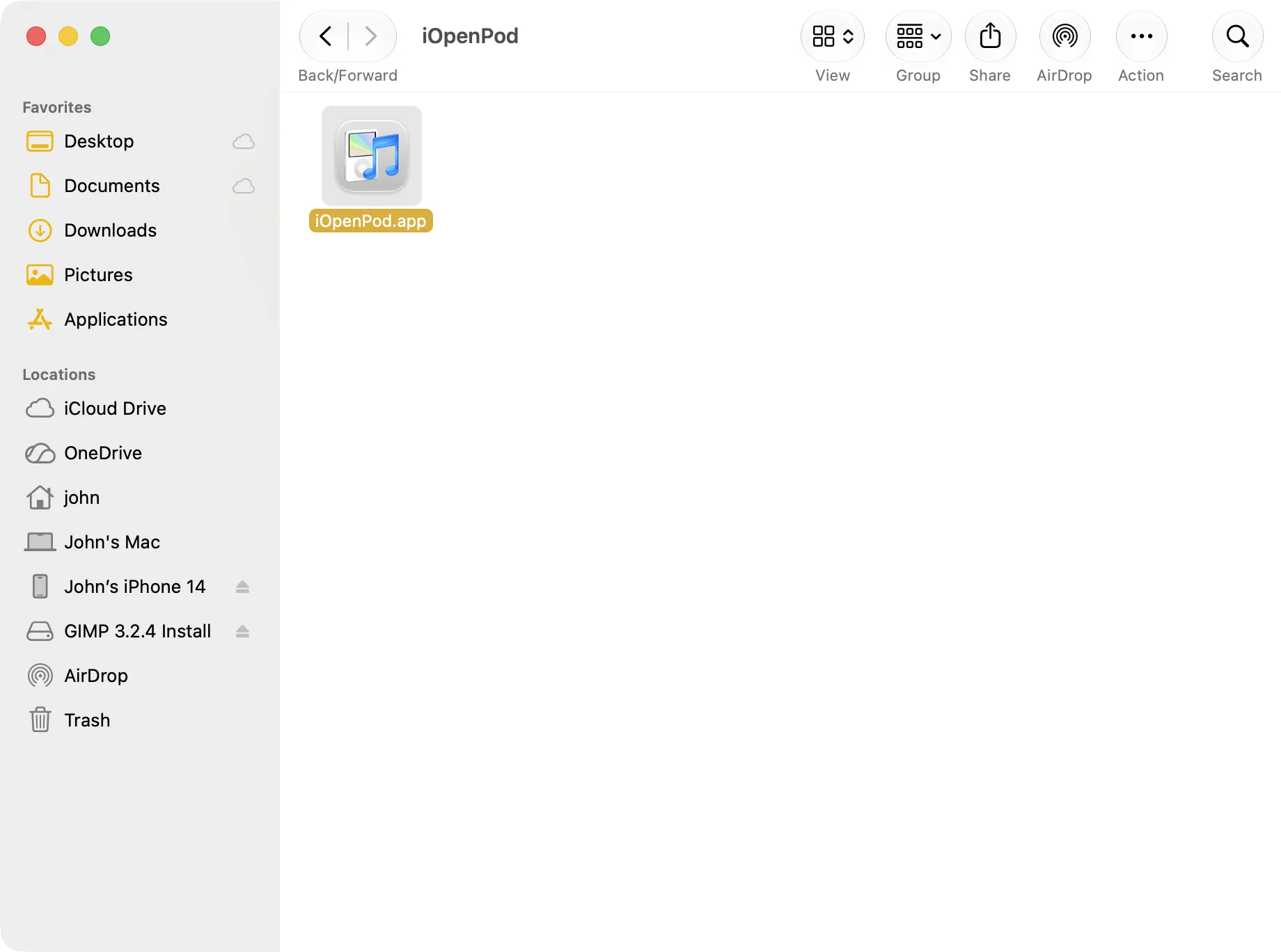 Finder window showing iOpenPod.app selected before first launch