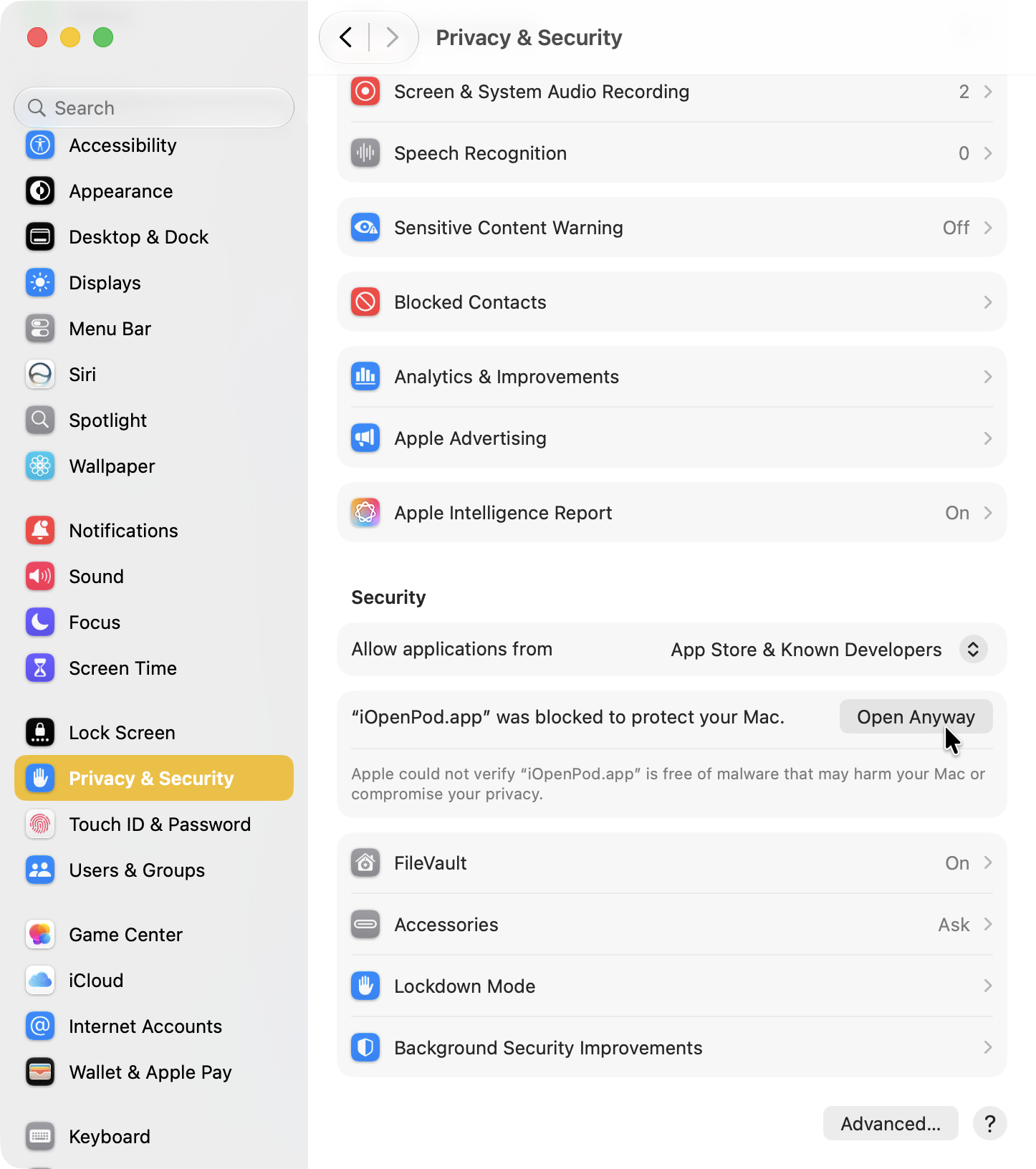 Privacy and Security settings showing iOpenPod was blocked and an Open Anyway button