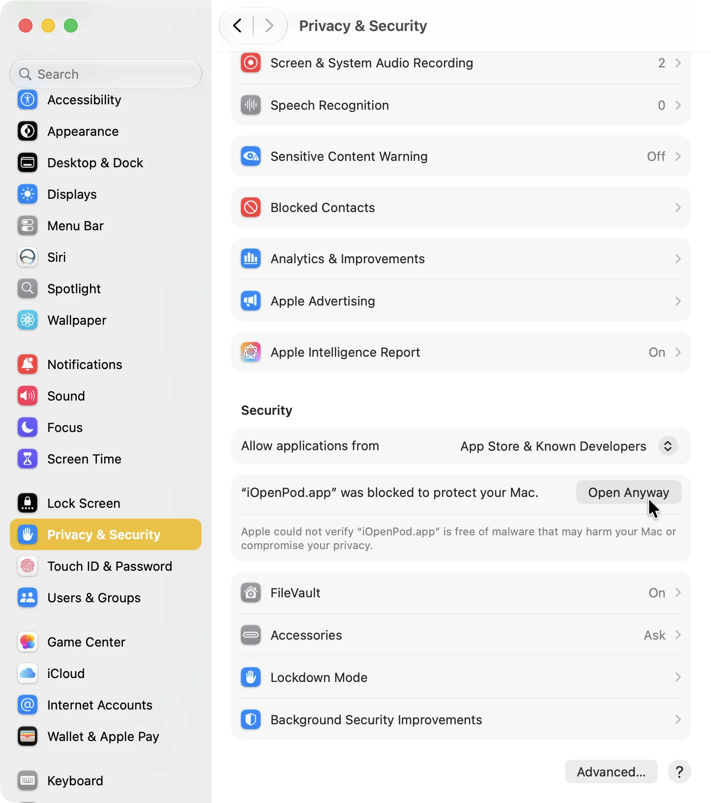 Privacy and Security settings showing iOpenPod was blocked and an Open Anyway button