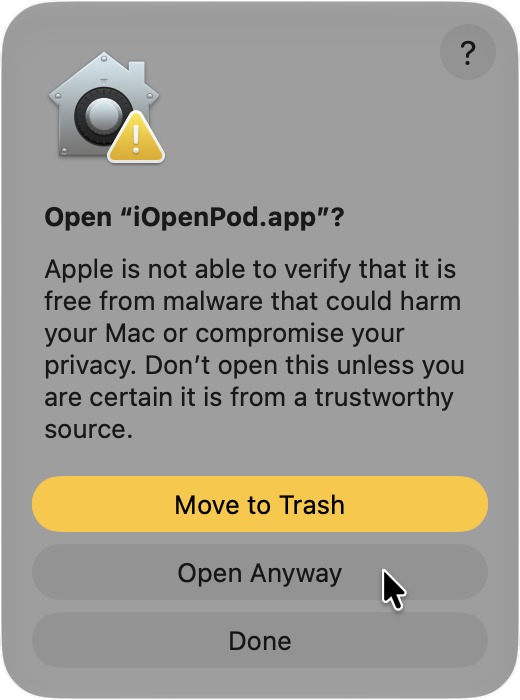 macOS confirmation dialog asking whether to open iOpenPod.app and showing Open Anyway