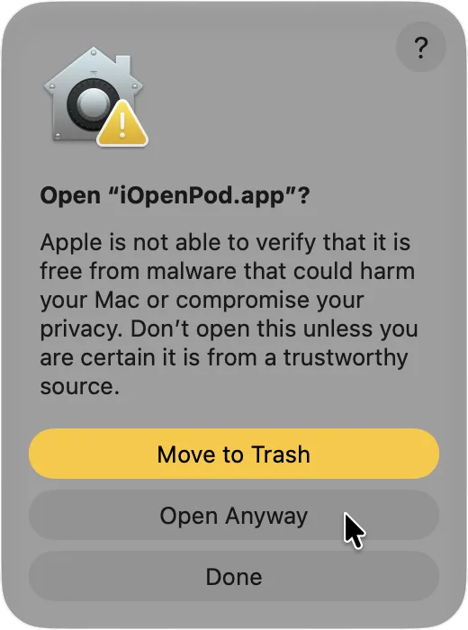 macOS confirmation dialog asking whether to open iOpenPod.app and showing Open Anyway