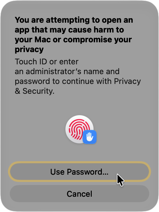 macOS authentication dialog asking for Touch ID or administrator password