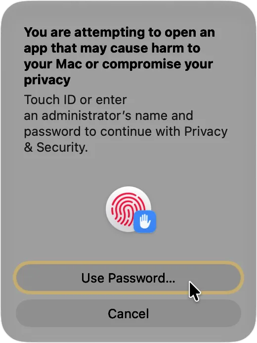 macOS authentication dialog asking for Touch ID or administrator password