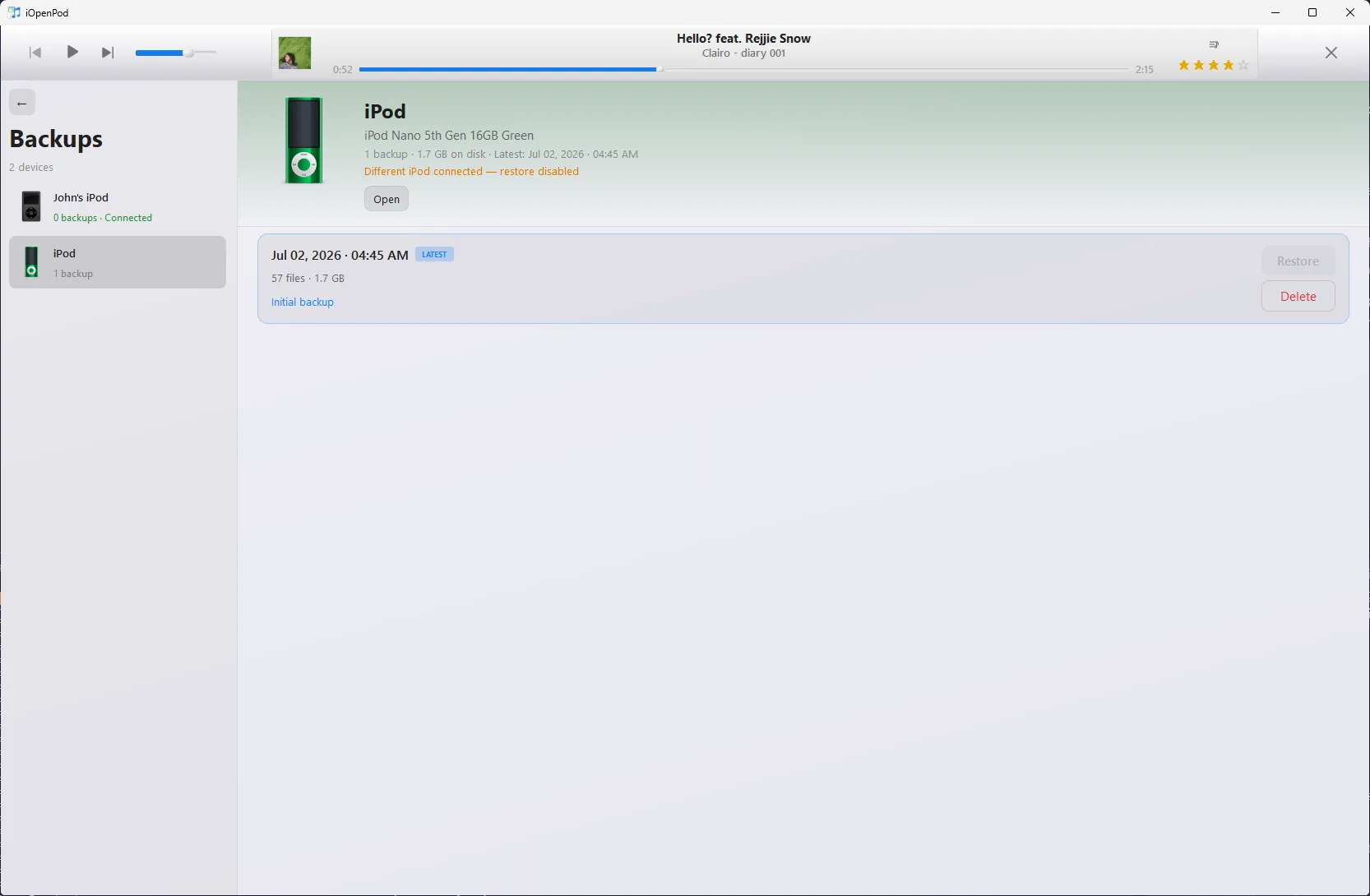 iOpenPod backup browser showing device-specific snapshots and a restore action disabled for a different connected iPod