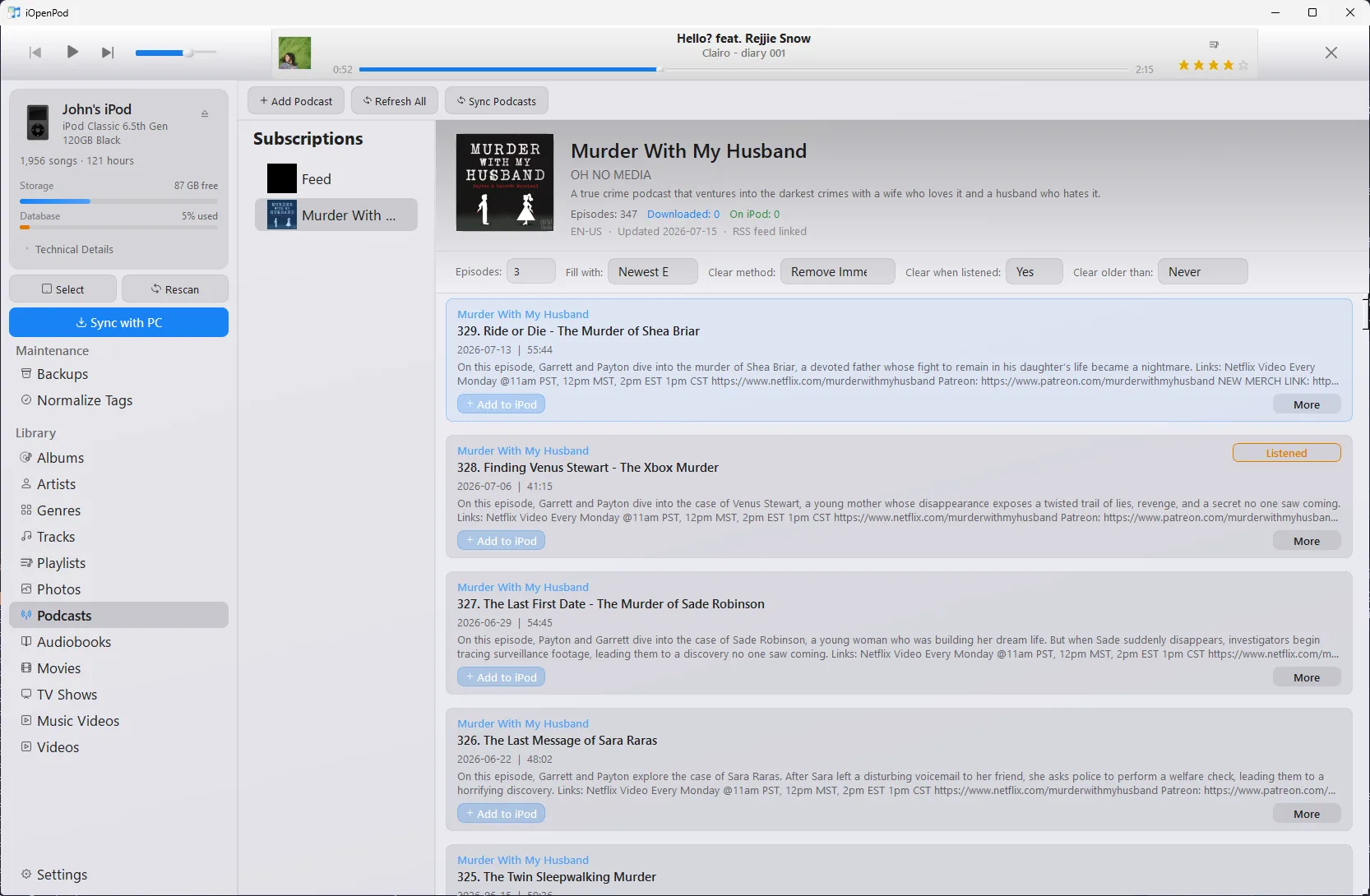 iOpenPod podcast manager showing a subscription, episode retention controls, listened status, and Add to iPod actions