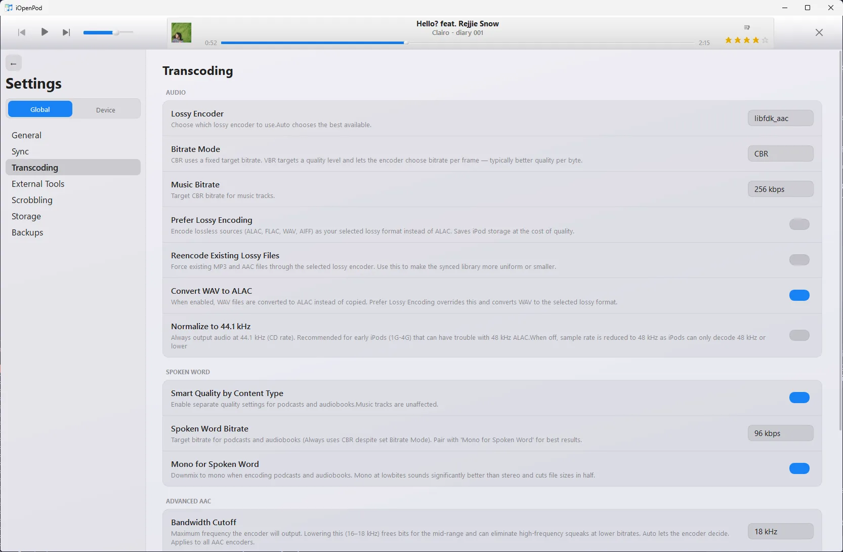 iOpenPod audio transcoding settings for encoder, bitrate, ALAC conversion, sample rate, and spoken-word output