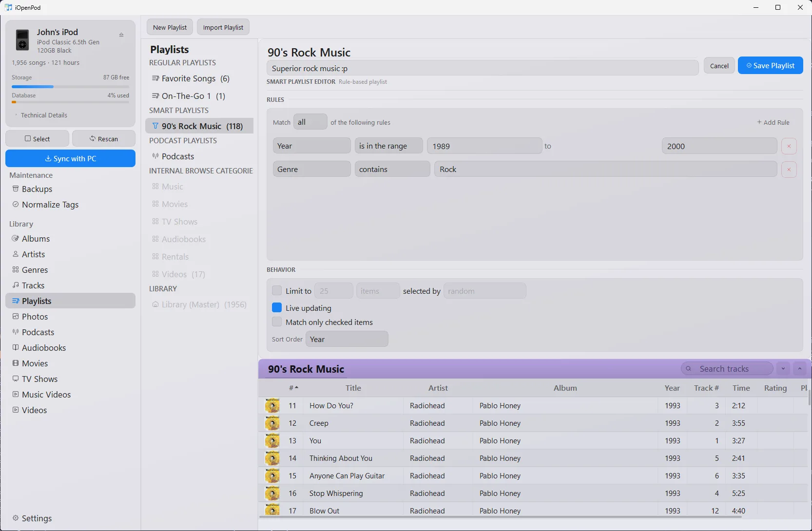 iOpenPod smart playlist editor with year and genre rules, live updating, sort order, and matching tracks