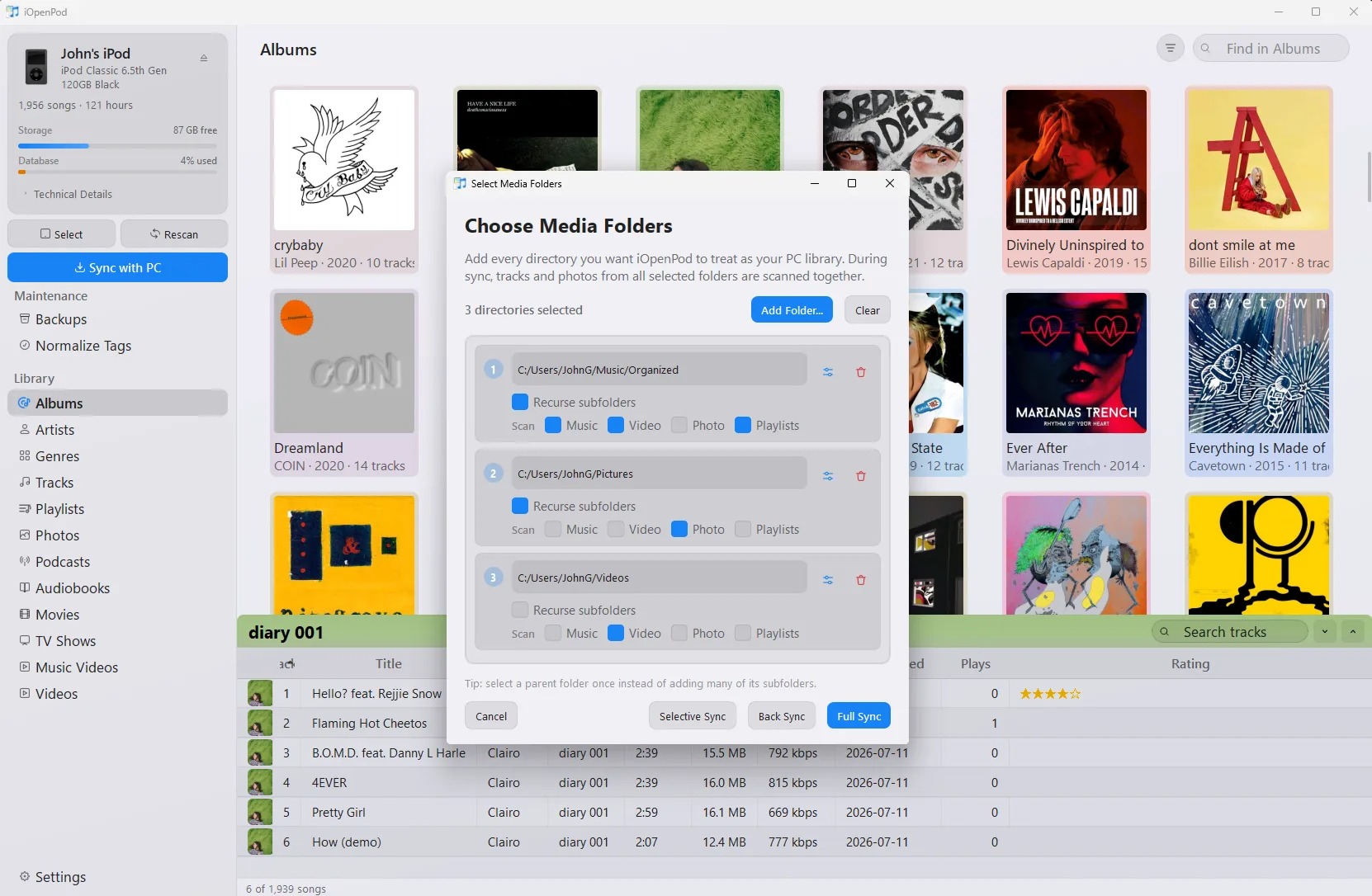 iOpenPod folder selection with separate music, video, photo, playlist, and recursive scan options