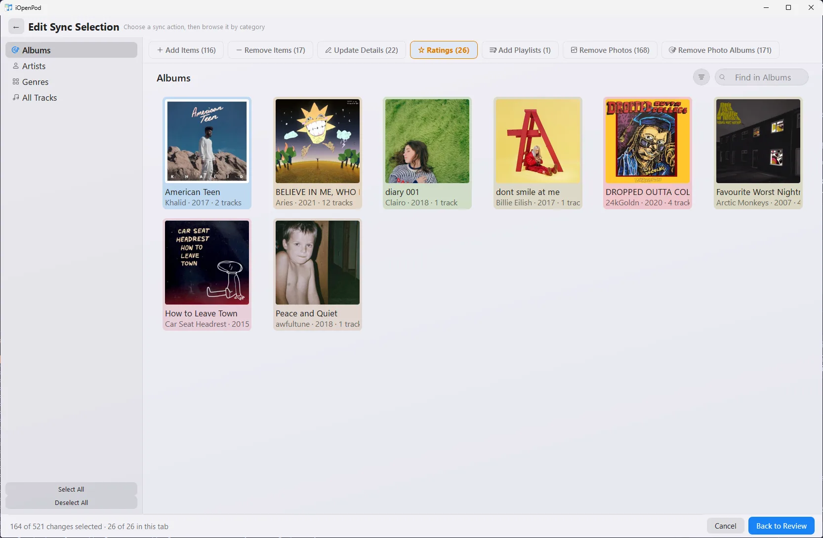 iOpenPod sync selection editor showing rating changes grouped by album and selectable change categories