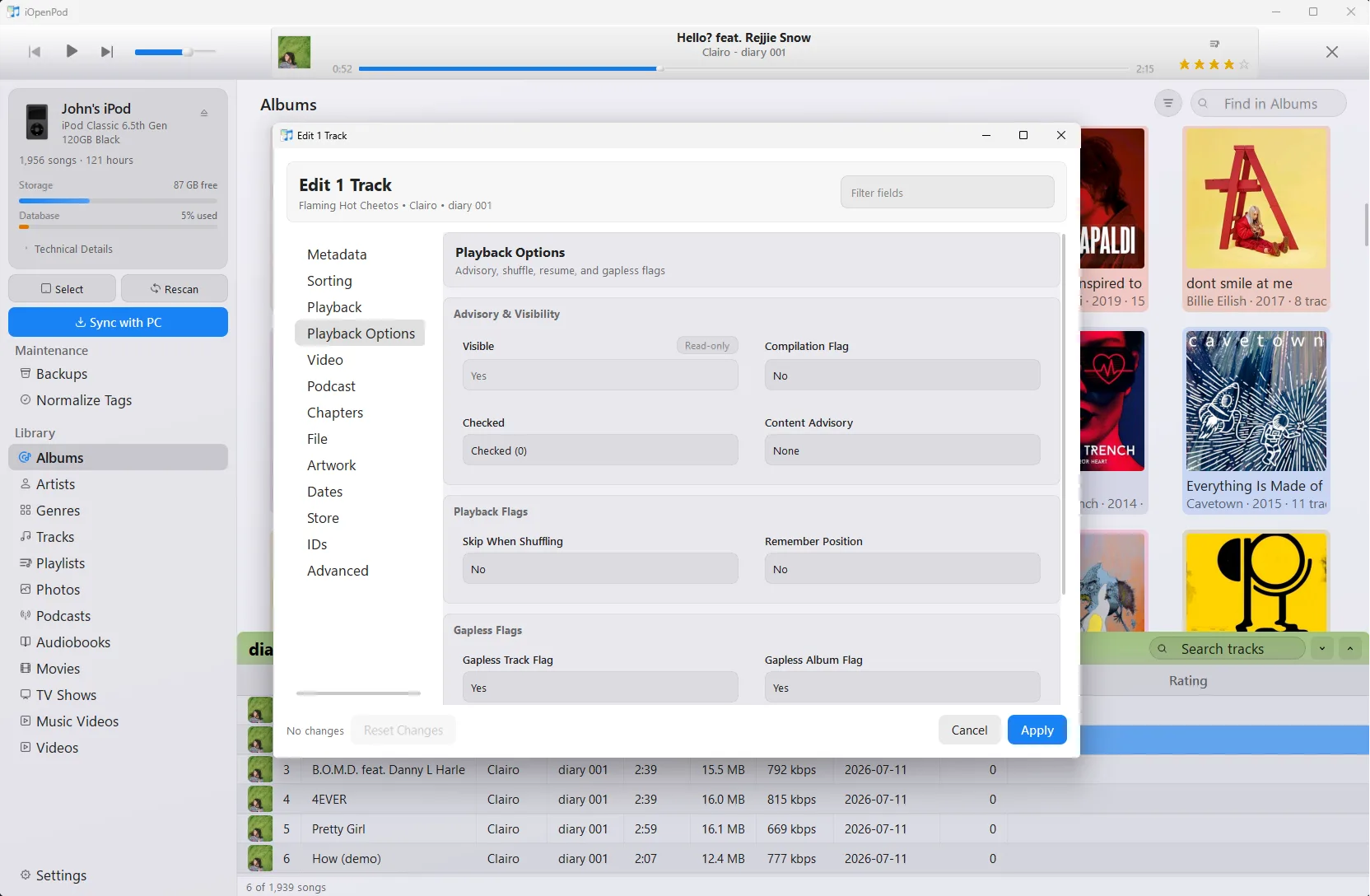 iOpenPod track editor showing playback, gapless, advisory, compilation, and visibility options